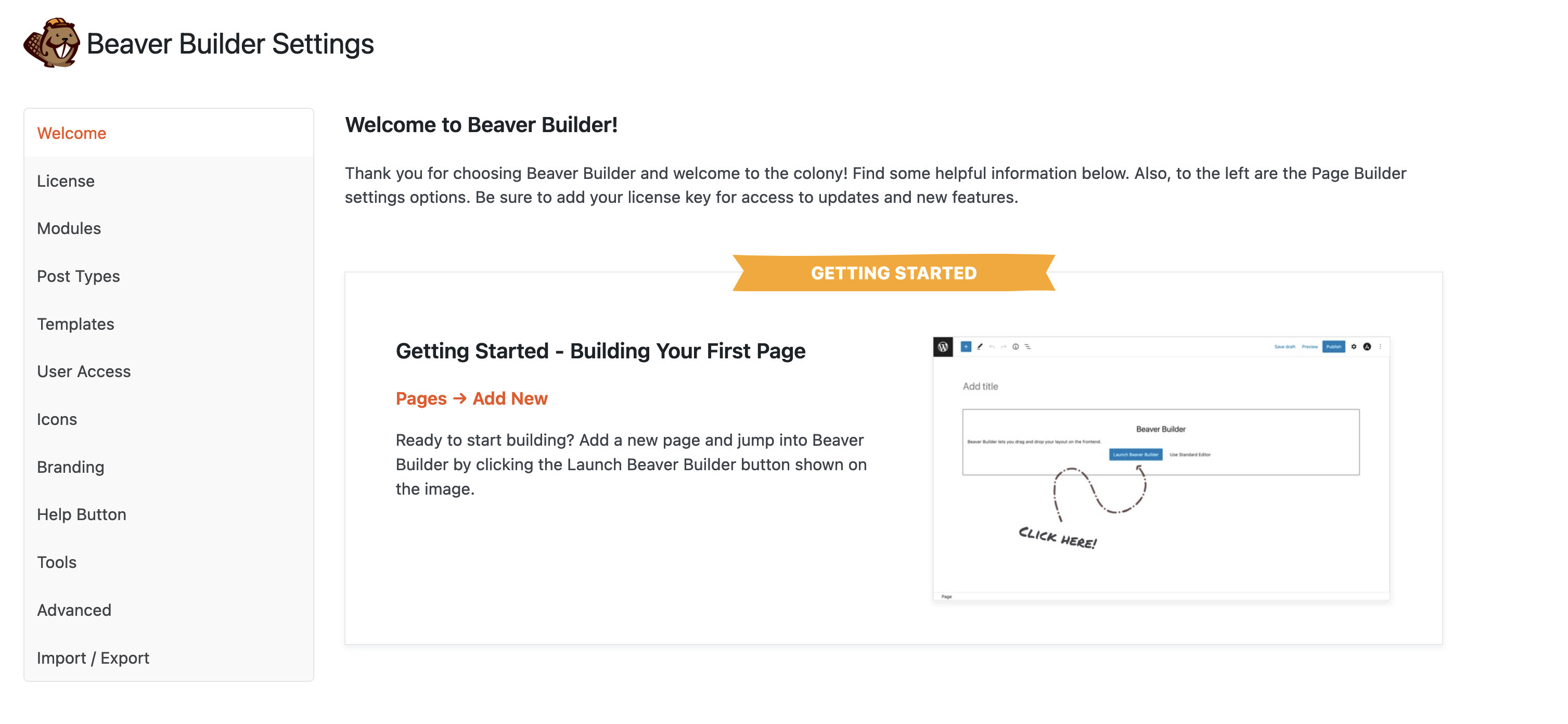 Access the Beaver Builder setting's welcome tab